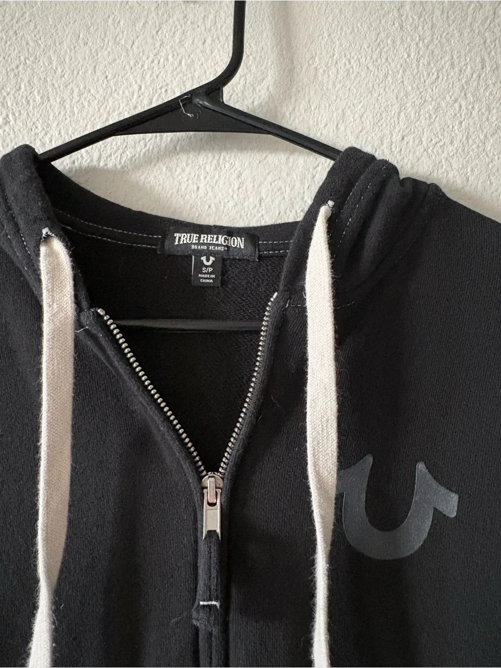 True Religion Black Zip-Up Hooded Sweatshirt with White Drawstrings